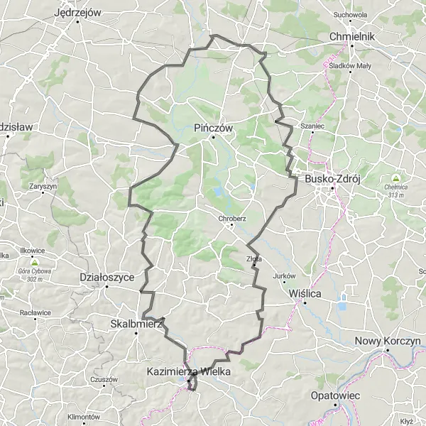 Map miniature of "Kazimierza Wielka to Kolosy" cycling inspiration in Świętokrzyskie, Poland. Generated by Tarmacs.app cycling route planner