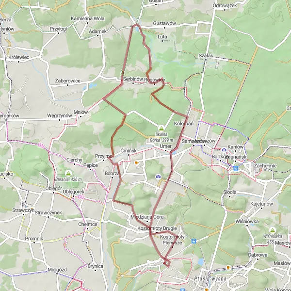 Miniatura mapy "Trasa gravelowa przez Kostomłoty i Krasną" - trasy rowerowej w Świętokrzyskie, Poland. Wygenerowane przez planer tras rowerowych Tarmacs.app