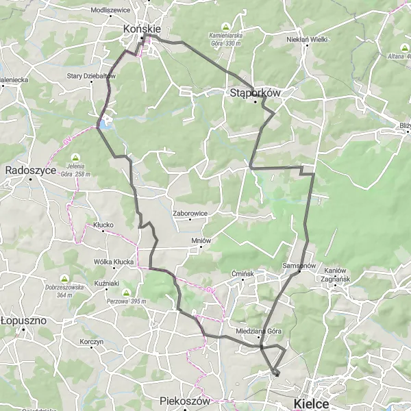Miniatura mapy "Trasa szosowa przez Siniewską i Bukową" - trasy rowerowej w Świętokrzyskie, Poland. Wygenerowane przez planer tras rowerowych Tarmacs.app