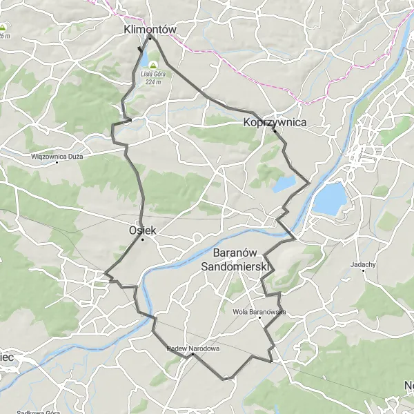 Map miniature of "Cycle through Padew Narodowa and Winnica" cycling inspiration in Świętokrzyskie, Poland. Generated by Tarmacs.app cycling route planner