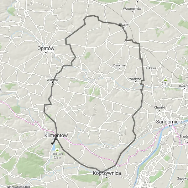 Map miniature of "Cycling Adventure to Łysa Góra" cycling inspiration in Świętokrzyskie, Poland. Generated by Tarmacs.app cycling route planner