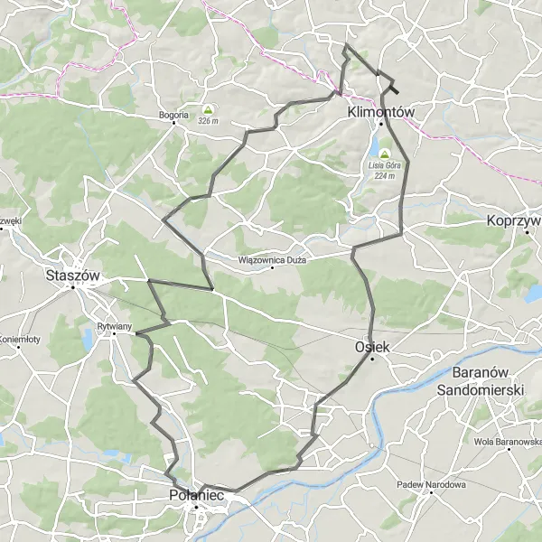 Map miniature of "Exploring Sulisławice and Beyond" cycling inspiration in Świętokrzyskie, Poland. Generated by Tarmacs.app cycling route planner