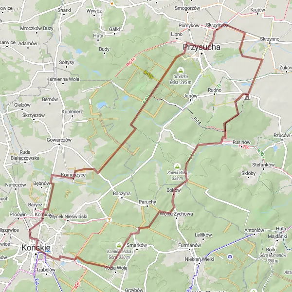 Map miniature of "Krakowa Góra Gravel Adventure" cycling inspiration in Świętokrzyskie, Poland. Generated by Tarmacs.app cycling route planner