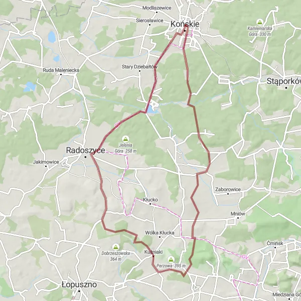 Miniatura mapy "Trasa gravelowa przez Perzową" - trasy rowerowej w Świętokrzyskie, Poland. Wygenerowane przez planer tras rowerowych Tarmacs.app