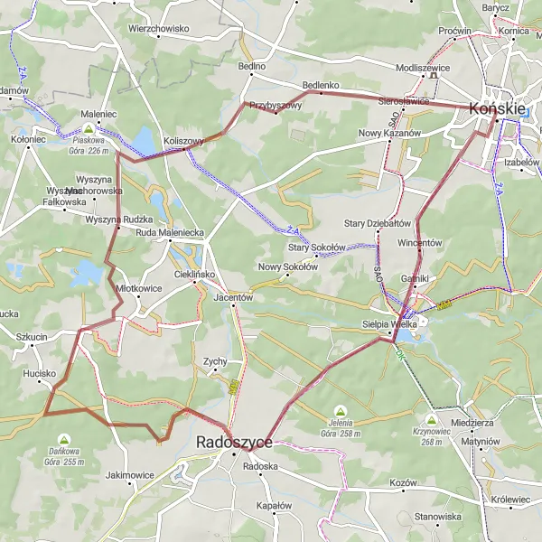 Map miniature of "Sielpia Wielka to Dańkowa Góra Gravel Route" cycling inspiration in Świętokrzyskie, Poland. Generated by Tarmacs.app cycling route planner