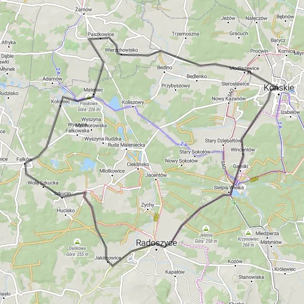 Map miniature of "Końskie to Modliszewice Road Route" cycling inspiration in Świętokrzyskie, Poland. Generated by Tarmacs.app cycling route planner