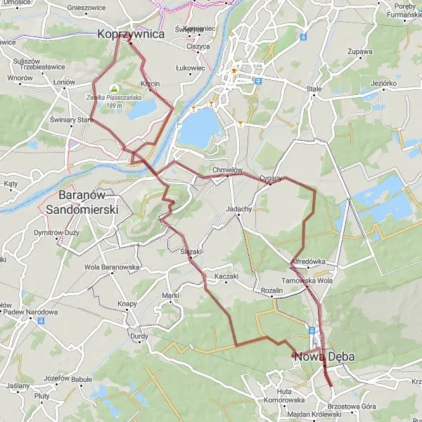Map miniature of "Koprzywnica Gravel Adventure" cycling inspiration in Świętokrzyskie, Poland. Generated by Tarmacs.app cycling route planner