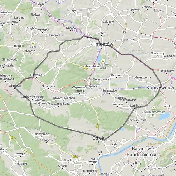 Map miniature of "Hillside Explorations" cycling inspiration in Świętokrzyskie, Poland. Generated by Tarmacs.app cycling route planner