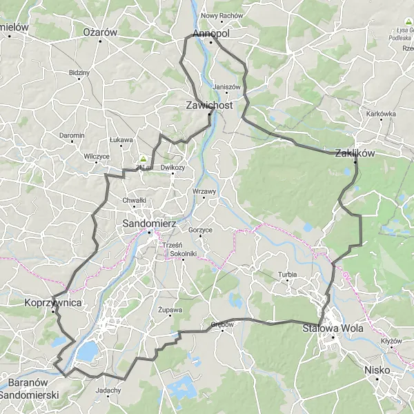 Map miniature of "Koprzywnica to Annopol Loop" cycling inspiration in Świętokrzyskie, Poland. Generated by Tarmacs.app cycling route planner