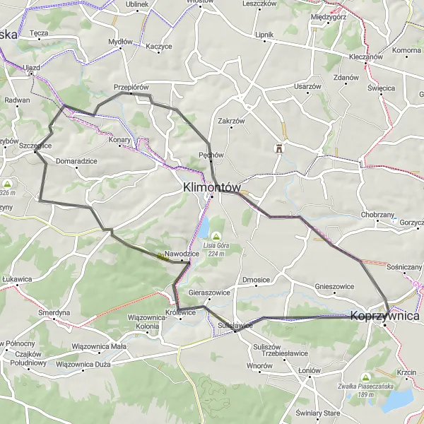 Map miniature of "Rural Delights" cycling inspiration in Świętokrzyskie, Poland. Generated by Tarmacs.app cycling route planner