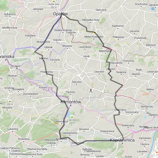 Map miniature of "Koprzywnica Adventure Ride" cycling inspiration in Świętokrzyskie, Poland. Generated by Tarmacs.app cycling route planner