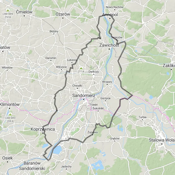 Miniatura mapy "Wyprawa z Koprzywnicy przez Łysą Górę do Tarnobrzega" - trasy rowerowej w Świętokrzyskie, Poland. Wygenerowane przez planer tras rowerowych Tarmacs.app