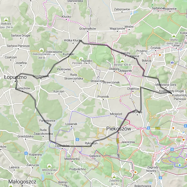 Map miniature of "Hills and Valleys" cycling inspiration in Świętokrzyskie, Poland. Generated by Tarmacs.app cycling route planner