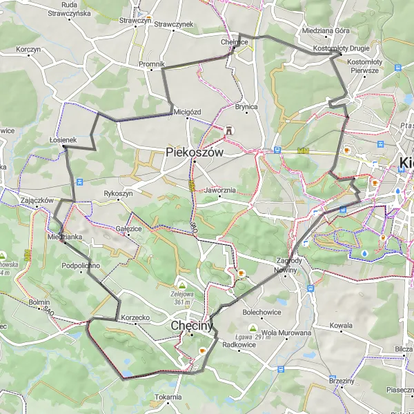 Map miniature of "Road Cycling Route to Kostomłoty Pierwsze" cycling inspiration in Świętokrzyskie, Poland. Generated by Tarmacs.app cycling route planner