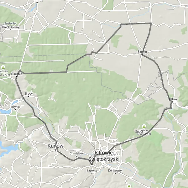 Map miniature of "Rynsztokowa Góra - Ostrowiec Świętokrzyski" cycling inspiration in Świętokrzyskie, Poland. Generated by Tarmacs.app cycling route planner