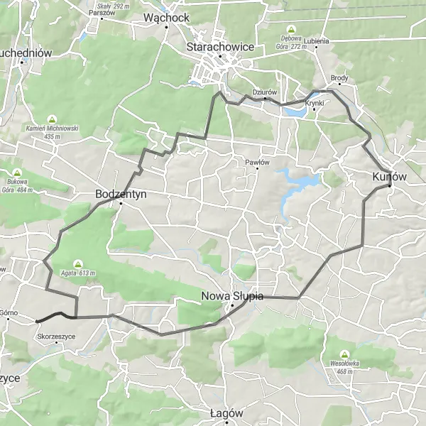 Map miniature of "Kunów Grand Tour" cycling inspiration in Świętokrzyskie, Poland. Generated by Tarmacs.app cycling route planner