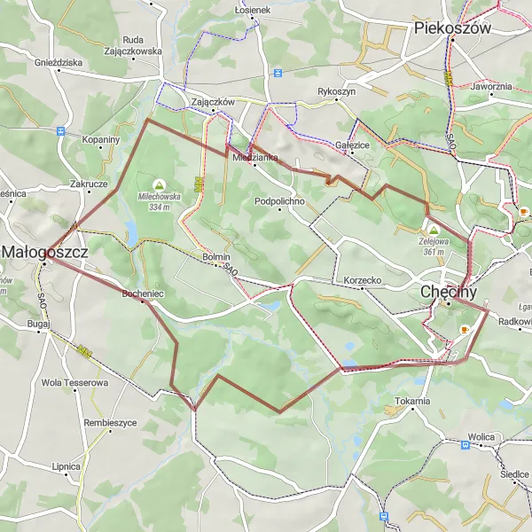 Miniatura mapy "Trasa Gravelowa Małogoszcz - Chęciny" - trasy rowerowej w Świętokrzyskie, Poland. Wygenerowane przez planer tras rowerowych Tarmacs.app