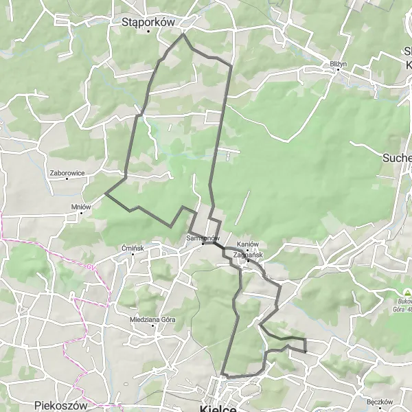 Map miniature of "The Road Adventure" cycling inspiration in Świętokrzyskie, Poland. Generated by Tarmacs.app cycling route planner