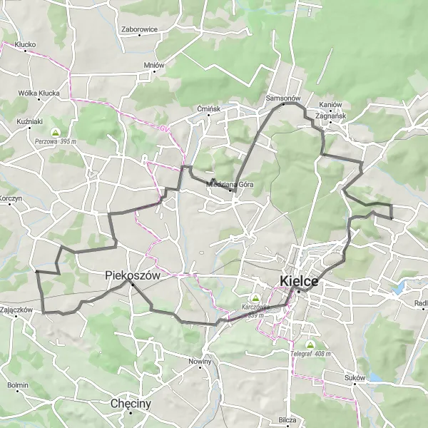 Map miniature of "Kadzielnia Loop" cycling inspiration in Świętokrzyskie, Poland. Generated by Tarmacs.app cycling route planner