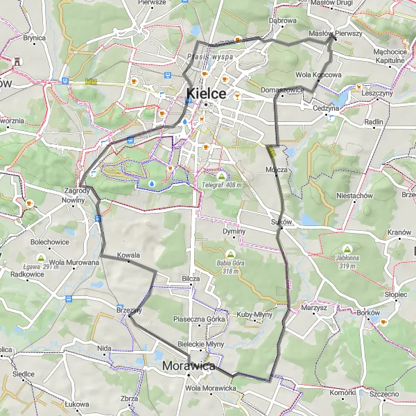 Miniatura mapy "Przejażdżka Road z Masłowa do Kadzielni" - trasy rowerowej w Świętokrzyskie, Poland. Wygenerowane przez planer tras rowerowych Tarmacs.app