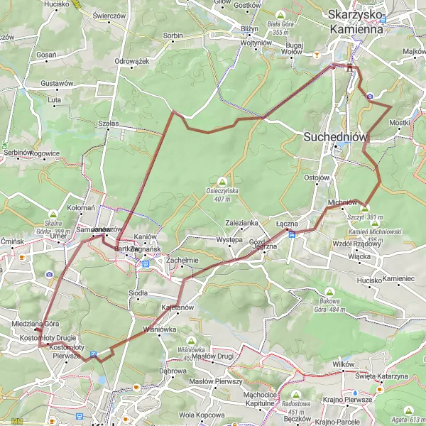 Miniatura mapy "Trasa rowerowa w okolicach Miedzianej Góry - Bukowa, Czerwona Góra, Szczyt" - trasy rowerowej w Świętokrzyskie, Poland. Wygenerowane przez planer tras rowerowych Tarmacs.app