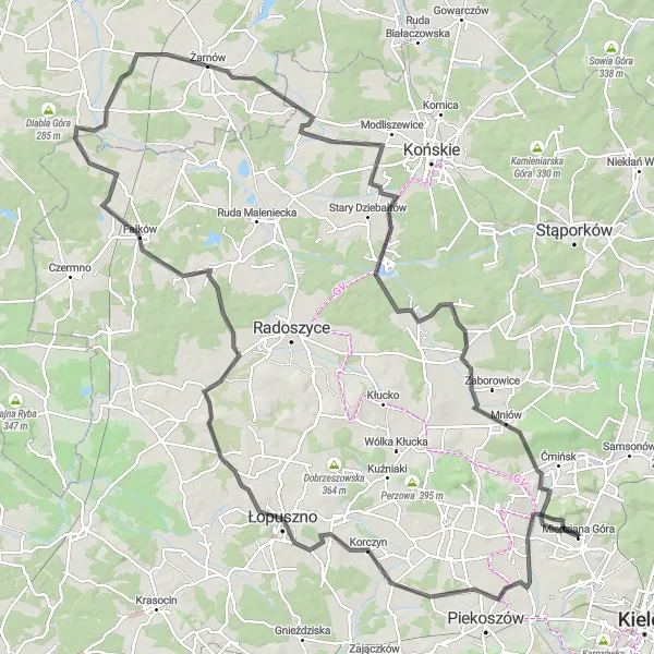 Map miniature of "A scenic adventure through the heart of Świętokrzyskie" cycling inspiration in Świętokrzyskie, Poland. Generated by Tarmacs.app cycling route planner