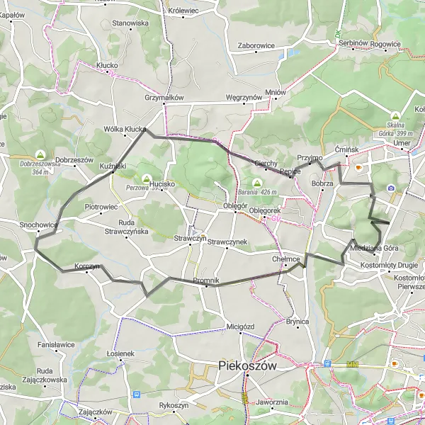 Map miniature of "Picturesque Road Cycling Route through Świętokrzyskie" cycling inspiration in Świętokrzyskie, Poland. Generated by Tarmacs.app cycling route planner