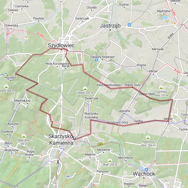 Map miniature of "Three Crosses Gravel Ride" cycling inspiration in Świętokrzyskie, Poland. Generated by Tarmacs.app cycling route planner