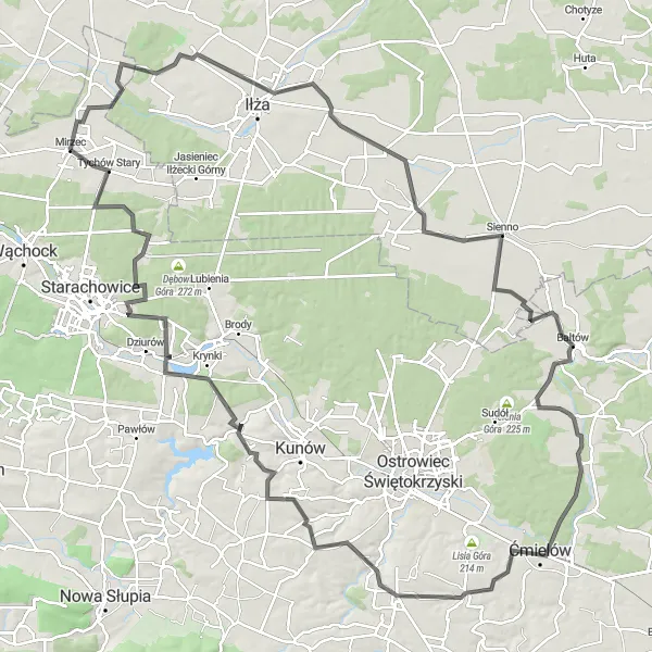 Miniatura mapy "Trasa rowerowa do Krynek przez Górę Sowickiego i Ćmielów" - trasy rowerowej w Świętokrzyskie, Poland. Wygenerowane przez planer tras rowerowych Tarmacs.app