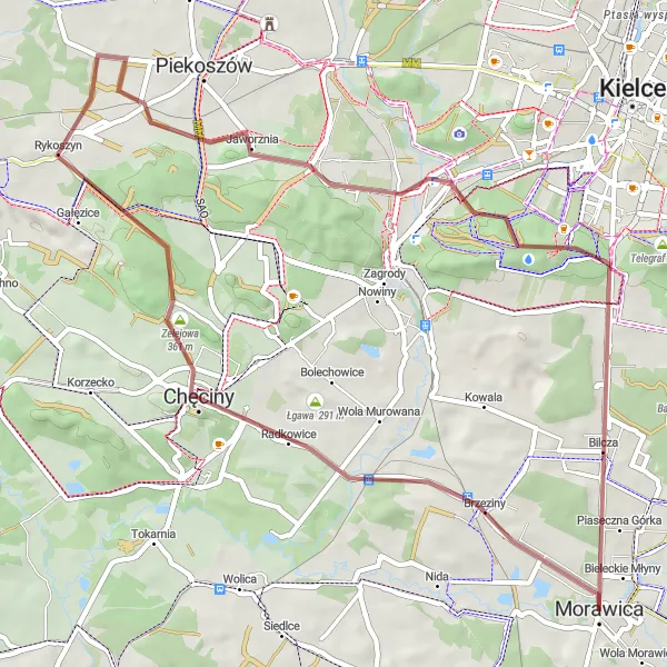 Map miniature of "Morawica-Moczydło Gravel Loop" cycling inspiration in Świętokrzyskie, Poland. Generated by Tarmacs.app cycling route planner