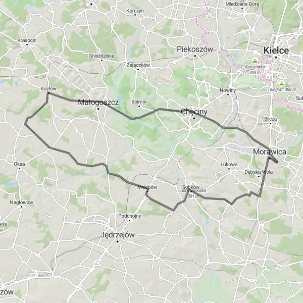 Map miniature of "Morawica-Sobków Loop" cycling inspiration in Świętokrzyskie, Poland. Generated by Tarmacs.app cycling route planner