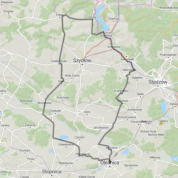 Map miniature of "Countryside Delight" cycling inspiration in Świętokrzyskie, Poland. Generated by Tarmacs.app cycling route planner
