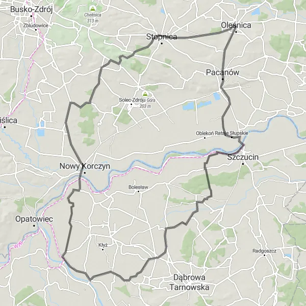 Map miniature of "Oleśnica - Borusowa Loop" cycling inspiration in Świętokrzyskie, Poland. Generated by Tarmacs.app cycling route planner