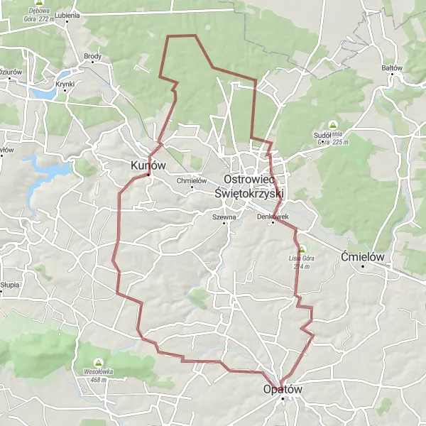 Map miniature of "Denkówek Loop" cycling inspiration in Świętokrzyskie, Poland. Generated by Tarmacs.app cycling route planner