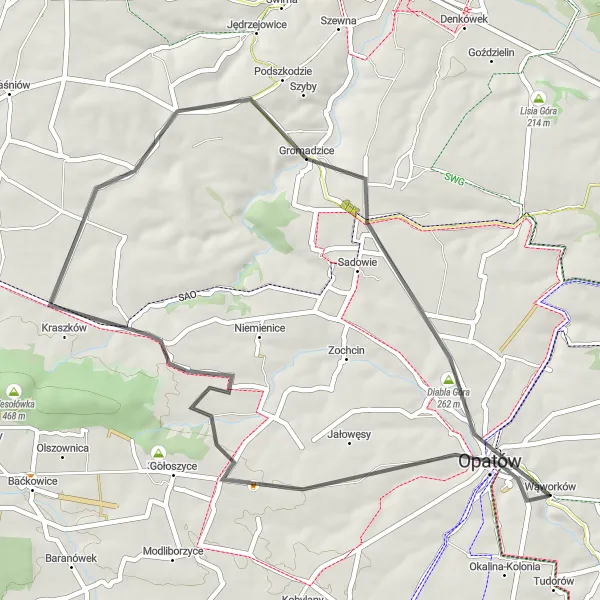 Map miniature of "Opatów - Kosowice - Gromadzice - Diabla Góra Road Cycling Route" cycling inspiration in Świętokrzyskie, Poland. Generated by Tarmacs.app cycling route planner