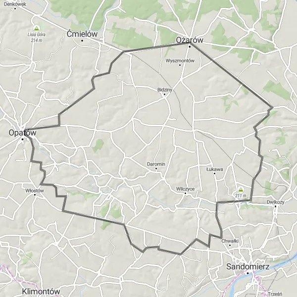 Miniatura mapy "Szlak Wzgórz Świętokrzyskich" - trasy rowerowej w Świętokrzyskie, Poland. Wygenerowane przez planer tras rowerowych Tarmacs.app