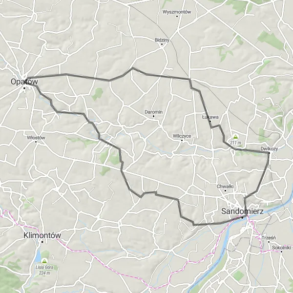 Map miniature of "Sandomierz Discovery" cycling inspiration in Świętokrzyskie, Poland. Generated by Tarmacs.app cycling route planner