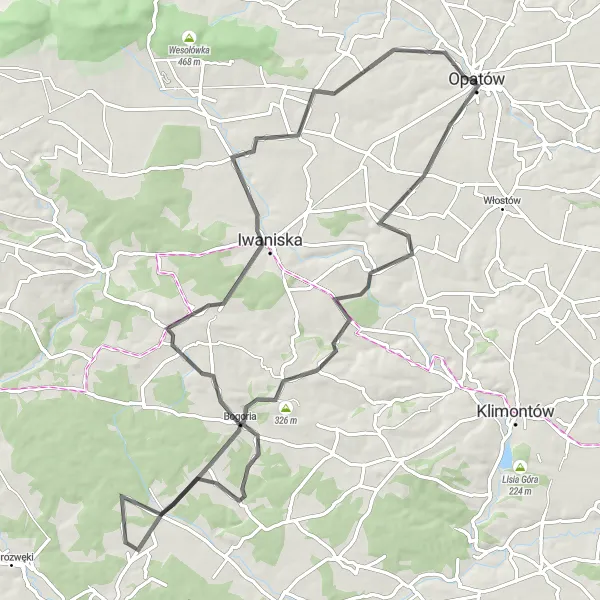 Map miniature of "Scenic Countryside Escape" cycling inspiration in Świętokrzyskie, Poland. Generated by Tarmacs.app cycling route planner