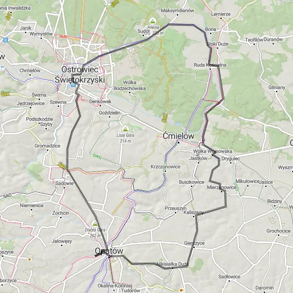 Map miniature of "Southern Świętokrzyskie Discovery" cycling inspiration in Świętokrzyskie, Poland. Generated by Tarmacs.app cycling route planner