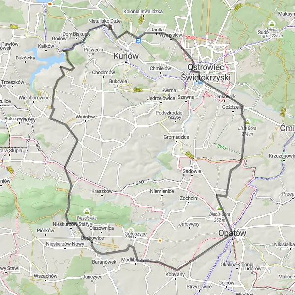 Map miniature of "Ostrowiec Świętokrzyski Loop" cycling inspiration in Świętokrzyskie, Poland. Generated by Tarmacs.app cycling route planner