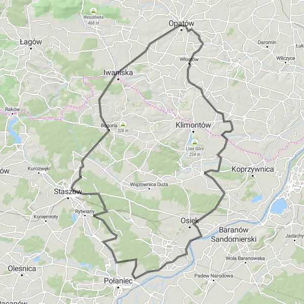 Miniatura mapy "Trasa przez Włostów, Osiek, Staszów, Iwaniska i Opatów" - trasy rowerowej w Świętokrzyskie, Poland. Wygenerowane przez planer tras rowerowych Tarmacs.app