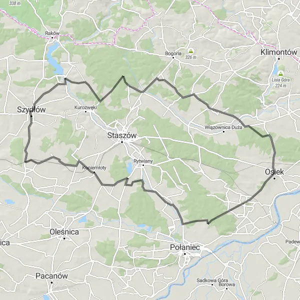 Miniatura mapy "Trasa Rowerowa Osiek - Tuklęcz - Smerdyna" - trasy rowerowej w Świętokrzyskie, Poland. Wygenerowane przez planer tras rowerowych Tarmacs.app