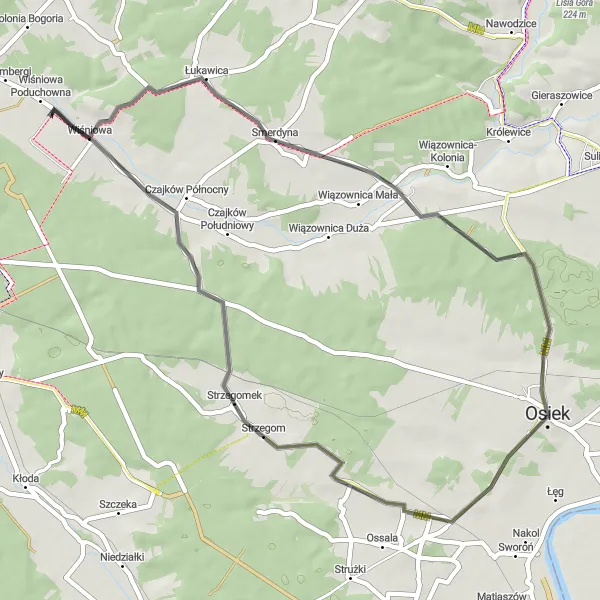 Miniatura mapy "Trasa przez Wola Wiśniowska i Smerdynę" - trasy rowerowej w Świętokrzyskie, Poland. Wygenerowane przez planer tras rowerowych Tarmacs.app