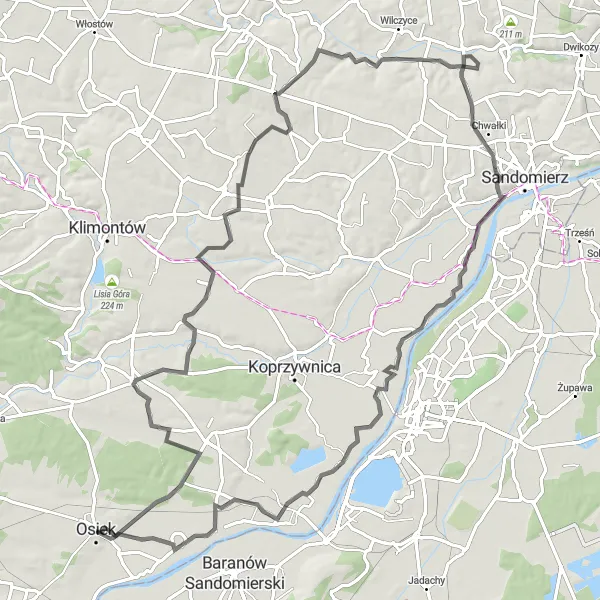 Map miniature of "The Chodków Challenge" cycling inspiration in Świętokrzyskie, Poland. Generated by Tarmacs.app cycling route planner