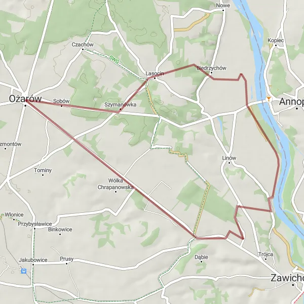 Map miniature of "Ożarów to Janików Scenic Gravel Ride" cycling inspiration in Świętokrzyskie, Poland. Generated by Tarmacs.app cycling route planner