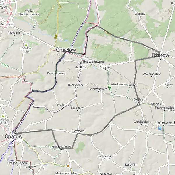 Map miniature of "Road Journey to Opatów" cycling inspiration in Świętokrzyskie, Poland. Generated by Tarmacs.app cycling route planner