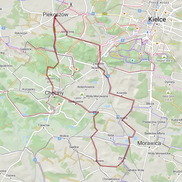 Map miniature of "Countryside Delight" cycling inspiration in Świętokrzyskie, Poland. Generated by Tarmacs.app cycling route planner