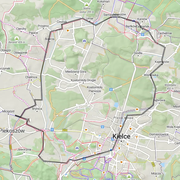 Map miniature of "Scenic Kielce Ride" cycling inspiration in Świętokrzyskie, Poland. Generated by Tarmacs.app cycling route planner