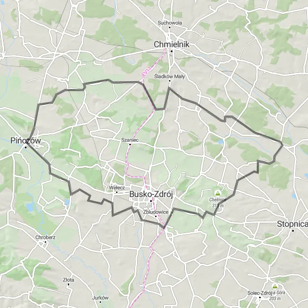 Map miniature of "Strzałków Adventure" cycling inspiration in Świętokrzyskie, Poland. Generated by Tarmacs.app cycling route planner