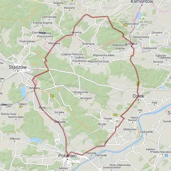 Map miniature of "Adventure Through Rytwiany and Rybnica" cycling inspiration in Świętokrzyskie, Poland. Generated by Tarmacs.app cycling route planner